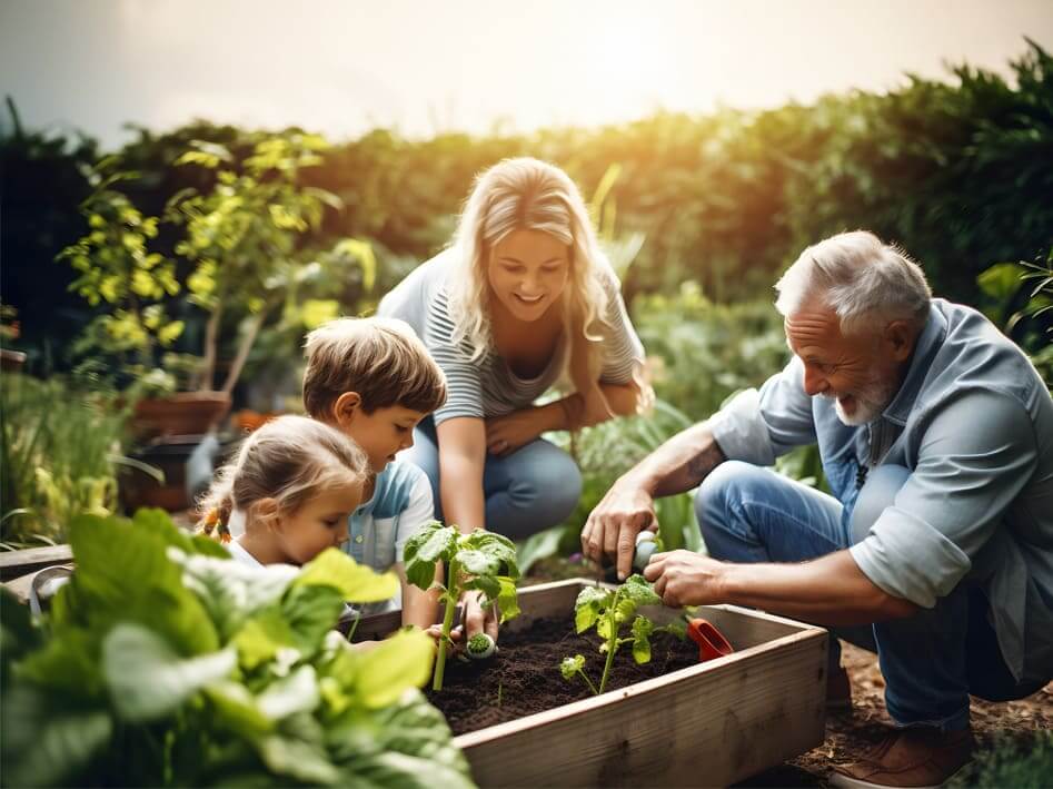 famille qui jardine et plante des plantes
