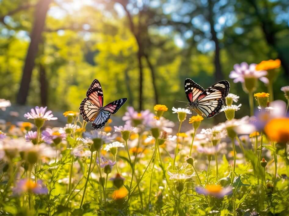 deux papillons butinant des fleurs